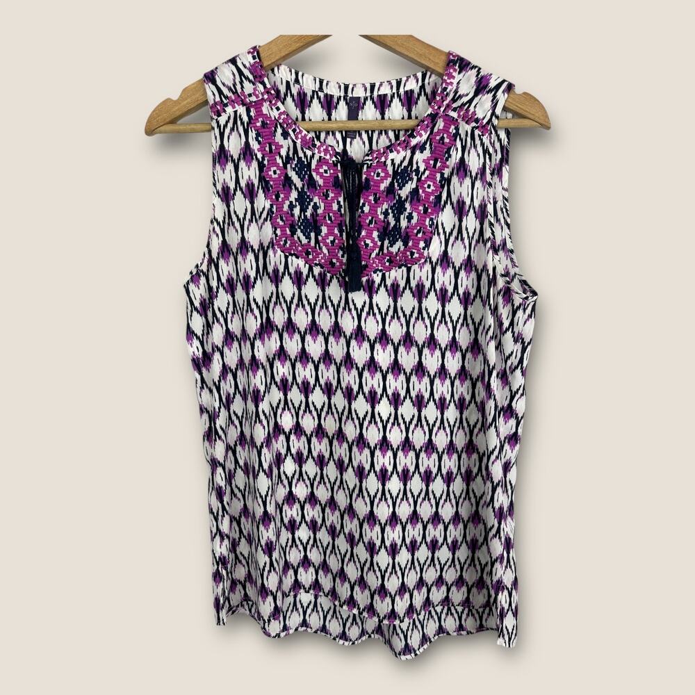 NYDJ Womens size Small IKAT Sleeveless Embroidered Tie Front Blouse Top